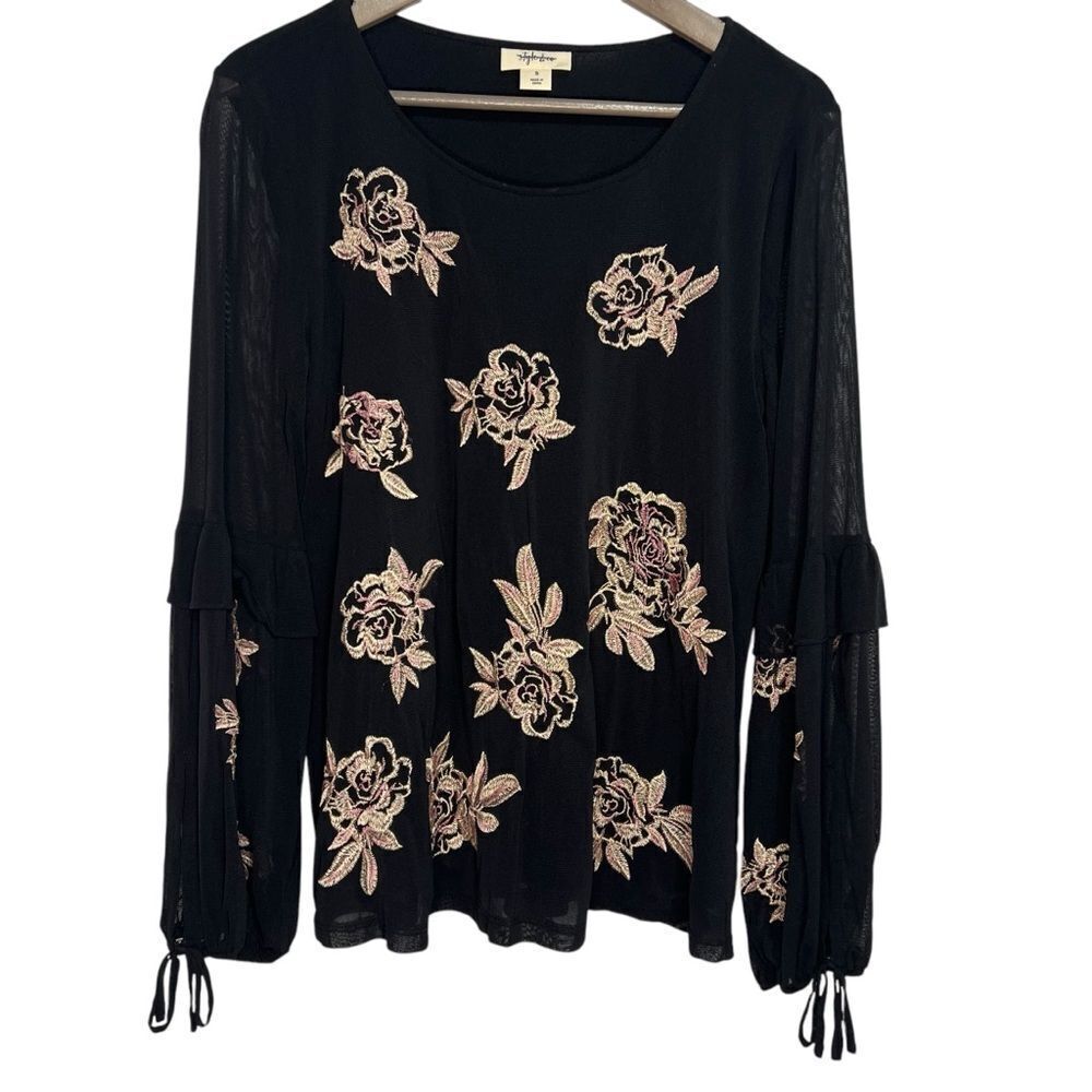 Style & Co. Embroidered Mesh Top size Small Black Long Sleeve Boho Whimsygoth